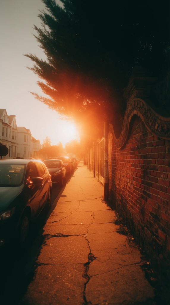 A cracked concrete sidewalk stretches toward a radiant, low-hanging sun that bathes the street in an intense amber glow. Parked cars on the left reflect the warm backlight. On the right, a weathered red brick wall with a decorative arch stands beneath a massive, overhanging dark evergreen tree. White residential buildings line the distant background. The low-angle perspective, strong sun flare, and deep shadows create a cinematic, high-contrast vintage film aesthetic dominated by rich oranges and deep blacks.