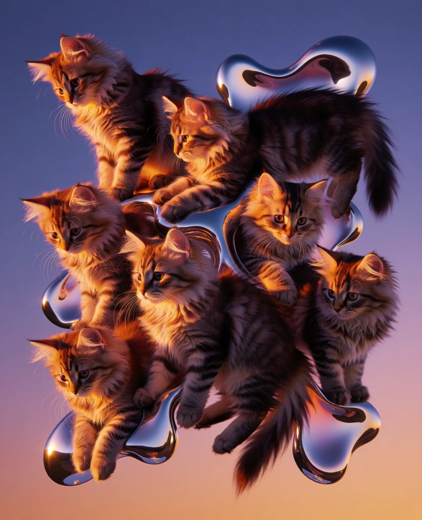 hyper-realistic octane render of seven long-haired kittens on a minimalist dusk-gradient backdrop, top left standing, top middle lying prone, top right on back, center sitting, bottom left from behind, bottom middle on back, bottom right mid-fall, interspersed with floating amorphous liquid-metal chrome sculptures, dramatic low-sun rim lighting, high-contrast cinematic orange and violet tones, sharp macro fur textures, surrealist high-fashion aesthetic, ethereal twilight atmosphere