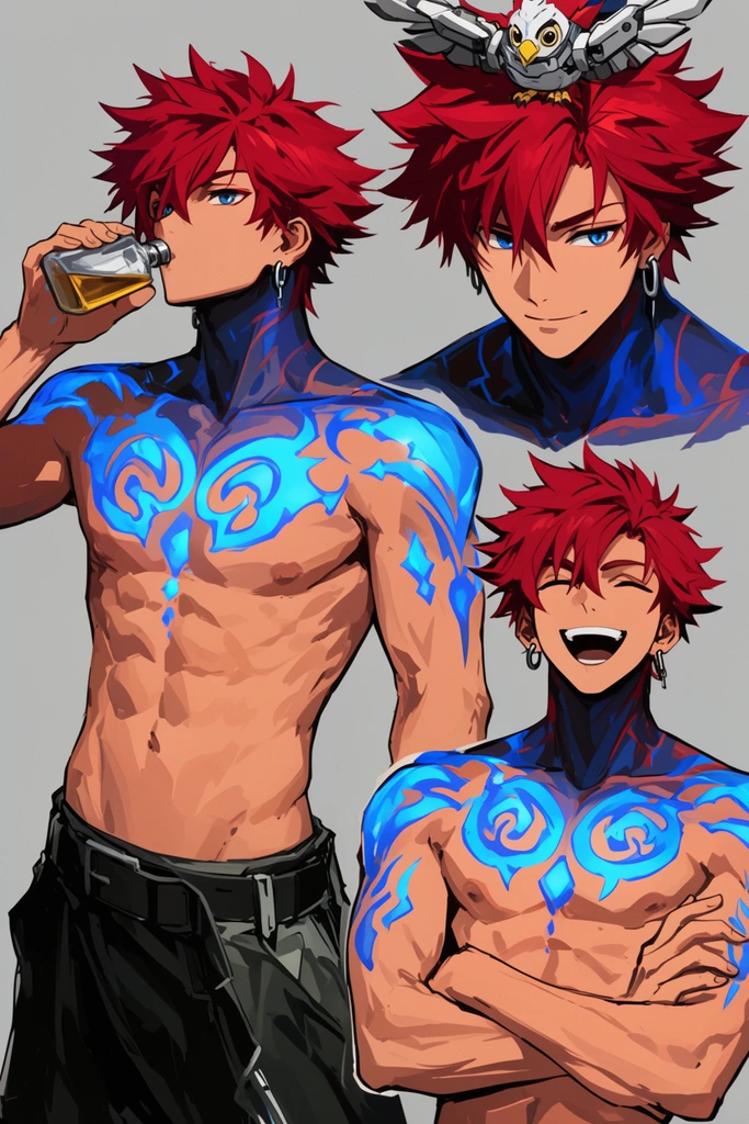 anime character design sheet, muscular young man with spiky crimson hair and glowing blue chest tattoos, bare torso, silver hoop earring, left figure drinking from a flask, top right portrait with a robotic bird on his head, bottom right figure laughing with crossed arms, cel-shaded digital art
