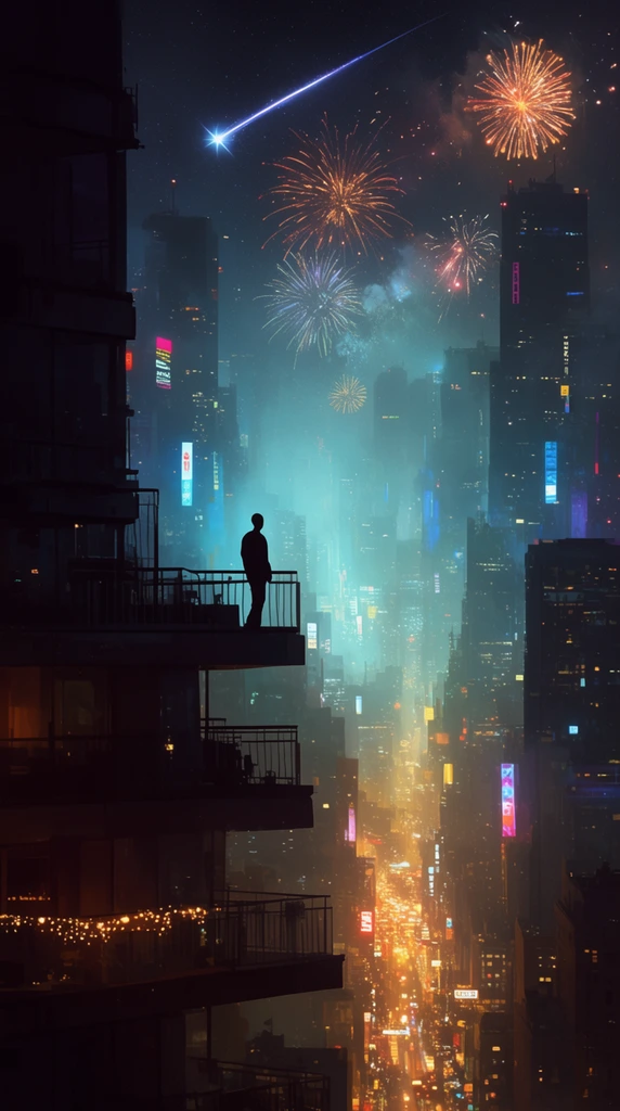 A silhouette stands on a high balcony overlooking a glowing futuristic metropolis at night. The dark foreground building features warm string lights on lower balconies. Towering skyscrapers recede into hazy cyan and amber mist, illuminated by neon signs and a deep urban canyon of luminous traffic. Vibrant fireworks and a bright shooting star fill the night sky. The digital painting utilizes deep atmospheric perspective, cinematic high-contrast lighting, and a cyberpunk aesthetic.