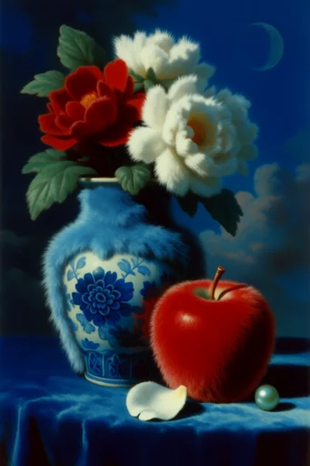 Tactile Retro Surrealism style reference image — cobalt blue and crimson red