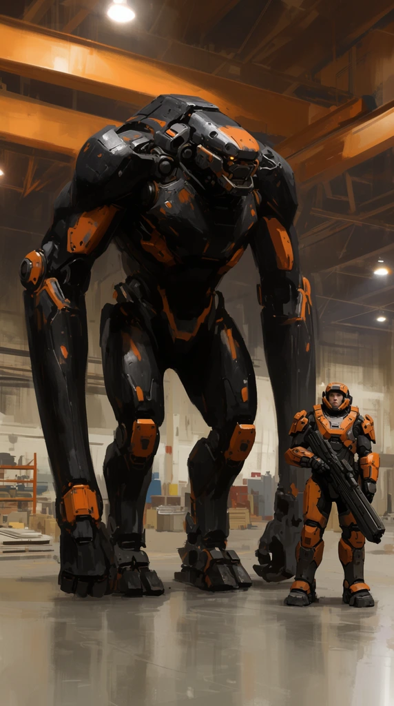 A colossal, black and orange bipedal mech with a hunched, gorilla-like posture stands inside a cavernous industrial hangar beside a human pilot in matching powered armor. The giant machine features disproportionately long arms hanging nearly to the reflective concrete floor, detailed with heavy mechanical joints. Beside its massive legs, the armored pilot holds a heavy rifle, emphasizing the machine's towering scale. The background reveals overhead structural beams, warm industrial lighting, and scattered warehouse equipment. The digital concept art utilizes cinematic top-down lighting and loose painterly brushstrokes to highlight the worn, matte metallic textures.