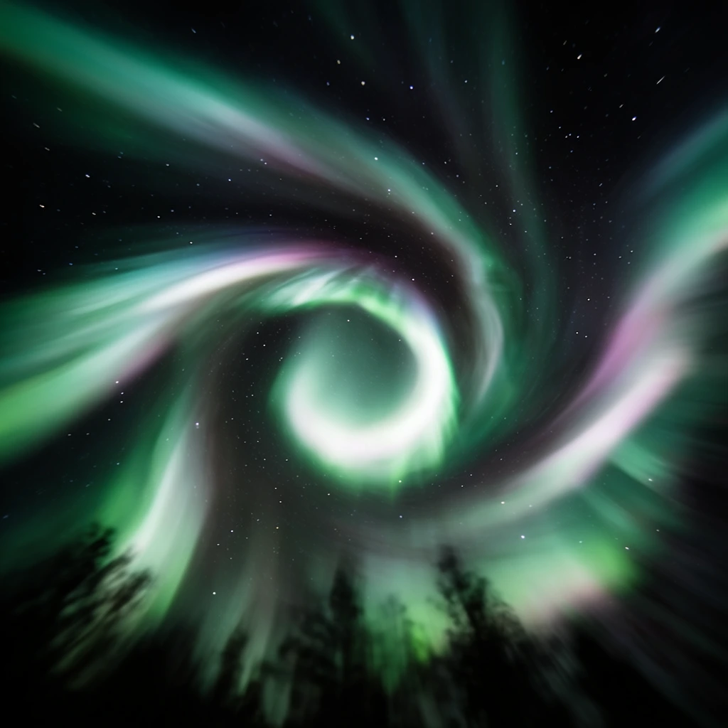 A swirling vortex of aurora borealis illuminating a starry night sky. Luminous bands of emerald green, bright white, and subtle magenta light curve dramatically inward, forming a glowing circular center that resembles a celestial eye. The deep black background is dotted with crisp, scattered stars peeking through the sweeping light trails. Dark, blurred silhouettes of treetops at the bottom edge ground the composition. A strong radial blur effect distorts the atmospheric phenomena, creating a dynamic, hypnotic sense of motion as the ethereal ribbons of light spin rapidly around the bright central void.