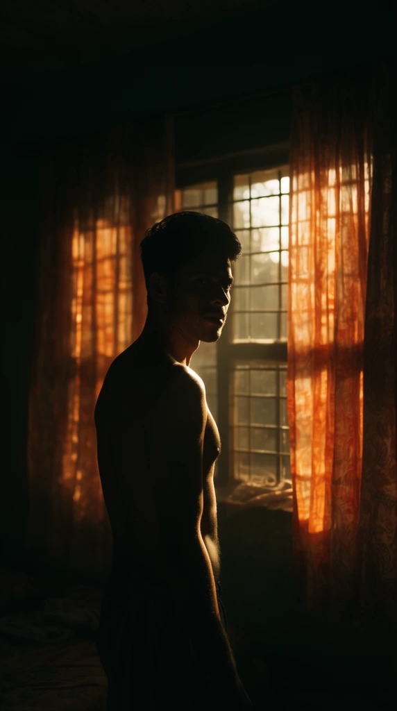 shirtless man in deep shadow looking over his shoulder, golden hour sunlight streaming through a barred window, intense rim lighting on his profile and arm, translucent orange patterned curtains, dark moody room, cinematic high contrast chiaroscuro