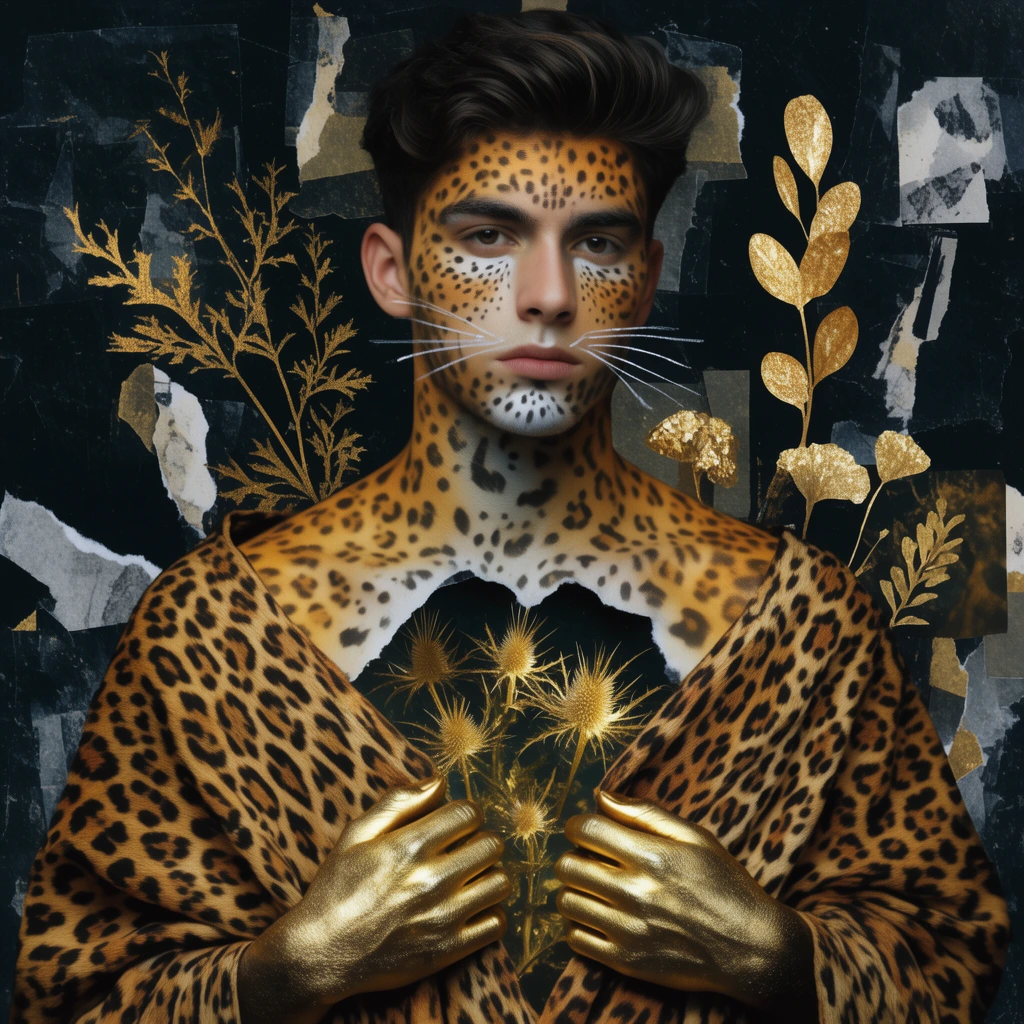 surreal collage portrait of a young man, leopard body paint, drawn whiskers, metallic gold hands, draped leopard fabric, chest illusion revealing golden thistles, dark background, floating gold botanicals, torn paper fragments