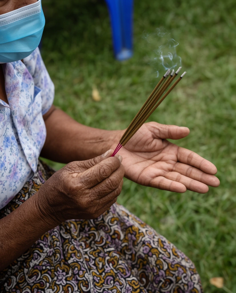close-up of weathered hands holding smoking incense sticks, hovering open palm, person in light blue surgical mask and floral shirt, patterned skirt, blurred green grass background with blue plastic chair leg, natural daylight, shallow depth of field