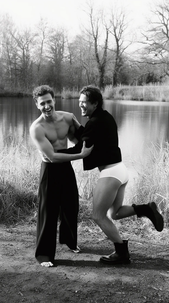 two laughing men playfully interacting by a calm lake in a black and white photograph, left man is shirtless wearing dark wide-leg trousers and barefoot, right man wears a dark jacket with white briefs and dark boots kicking one leg back mid-air, men grasping each other's arms, background features a serene pond surrounded by leafless trees and tall dry grass, dirt ground foreground, natural lighting, candid fashion editorial photography, high contrast monochrome