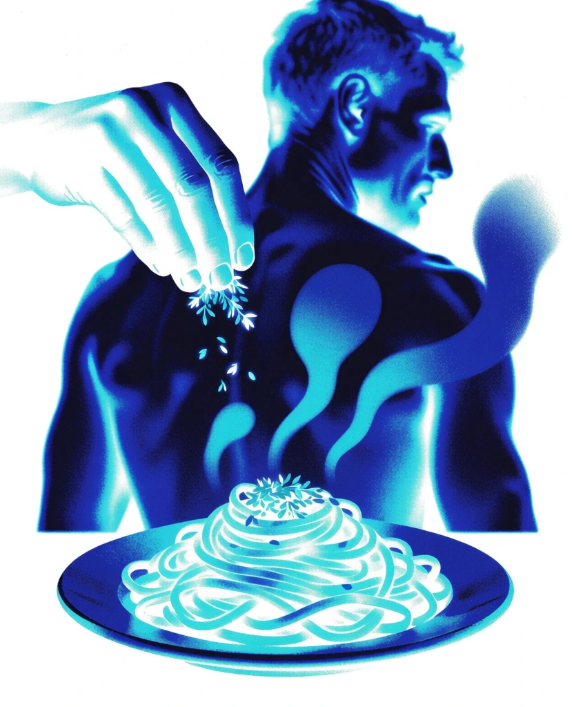 a plate of steaming pasta in the foreground with hands sprinkling herbs and a man's figure in the background, monochromatic electric blue and radiant cyan color palette, high-contrast thermal glow mapping, internal luminescence, heavy digital noise, stippled grain, ethereal rising steam trails with glowing edges, lo-fi digital scan aesthetic, isolated on a stark white background, sharp cut-out silhouette, high-signal luminous highlights on the falling herbs and pasta texture