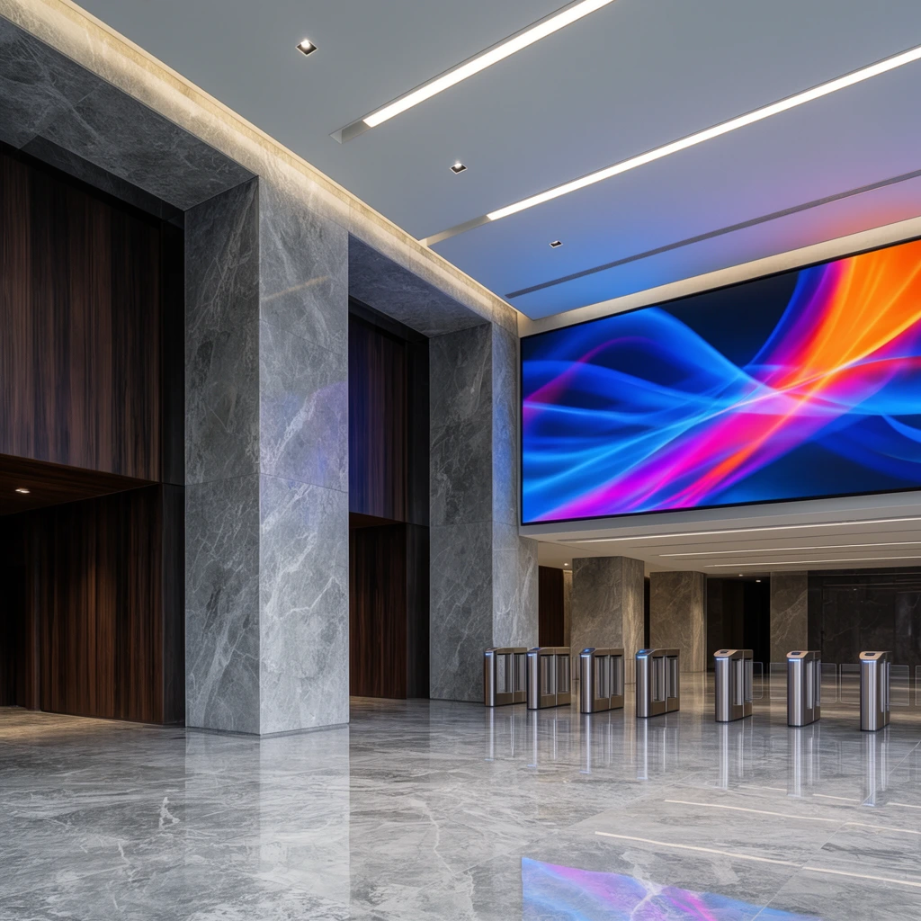 A vast architectural lobby defined by highly polished, grey veined marble floors and massive square structural pillars. Deep alcoves paneled in dark, vertically grained wood flank the left side. A colossal horizontal digital display dominates the background, projecting a vibrant abstract composition of sweeping blue, magenta, and vivid orange light trails. Below the screen, a row of sleek metallic security turnstiles stands at an entrance, their cylindrical steel forms reflecting sharply on the glossy stone. Recessed linear light strips and small square downlights illuminate the expansive flat ceiling. The wide-angle composition emphasizes the cavernous scale, sharp geometric intersections, and the striking contrast between the cool, pristine stone and the dynamic, luminous colors of the digital art.