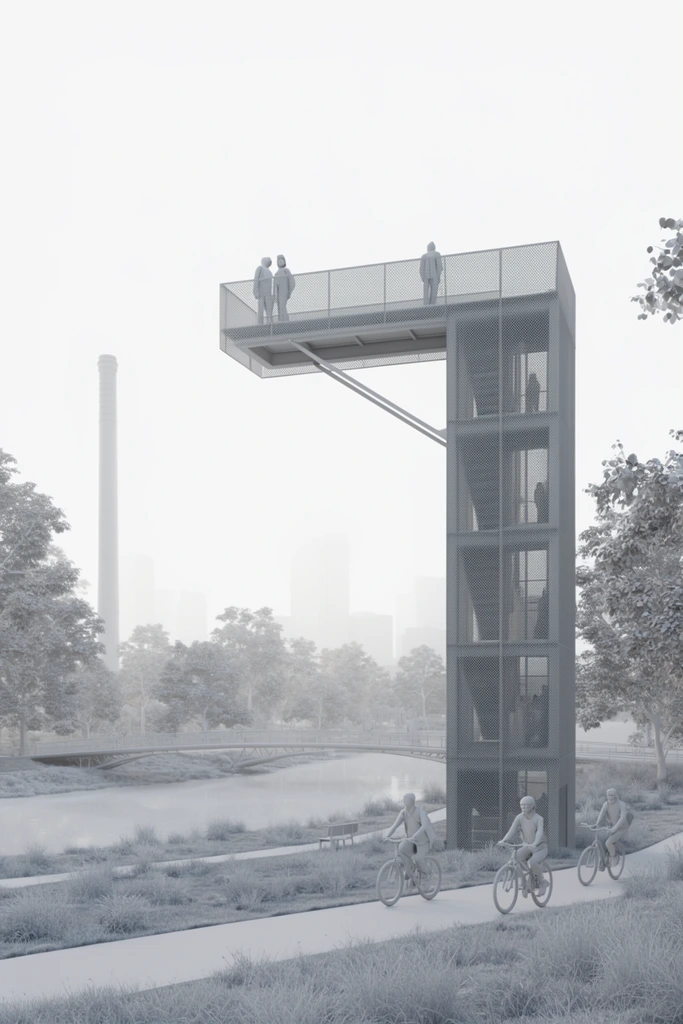 A monochromatic architectural clay render of an L-shaped observation tower with a cantilevered mesh viewing platform. Figures stand on the deck and cycle along the ground below. The surrounding park features a river, a pedestrian bridge, and stylized foliage, all bathed in high-key, uniform gray lighting with a hazy city skyline and tall chimney fading into the bright background.