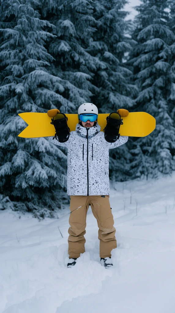 A snowboarder stands in deep snow backed by dense snow-covered pine trees. He wears a black-speckled white jacket, tan snow pants, mustard gloves, a white helmet, and blue goggles. He holds a bright yellow swallowtail snowboard horizontally behind his neck. Soft overcast winter lighting highlights the vibrant board against the cool muted forest landscape.