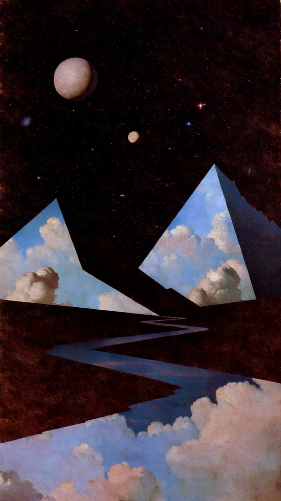 vintage surrealist analog collage, winding river below sharp geometric mountain peaks, two textured planets in a dark stippled star-filled void, mountains and river rendered as flat paper cutouts filled with classical oil-painted cloud textures in pale blue and cream, heavy paper grain, distressed weathered surface, fine tactile cracks, matte finish, layered perspective, cosmic metaphysical atmosphere, mid-century print aesthetic, muted vintage tones, deep black negative space.