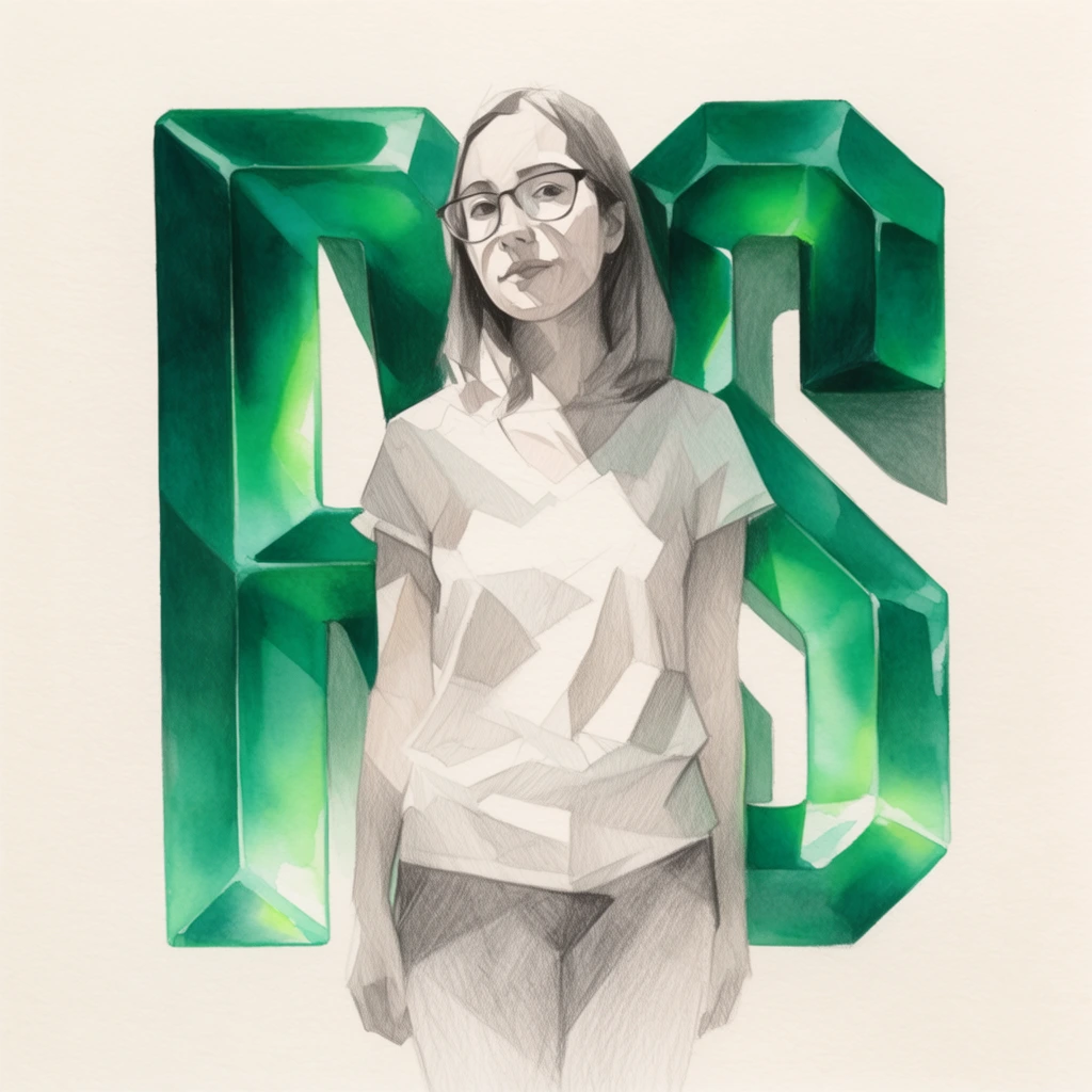 A woman wearing glasses stands in front of large letters, rendered as a colored pencil and watercolor illustration isolated centrally on a plain off-white paper background. The woman features faceted, geometric shading with visible pencil hatching in pale grays and stark whites. The large letters behind her form thick, translucent emerald green geometric blocks with glowing, luminous highlights and smooth watercolor washes. Strong directional lighting creates sharp, jagged shadows, blending precise pencil strokes with vibrant green pigments against the visible textured paper grain.