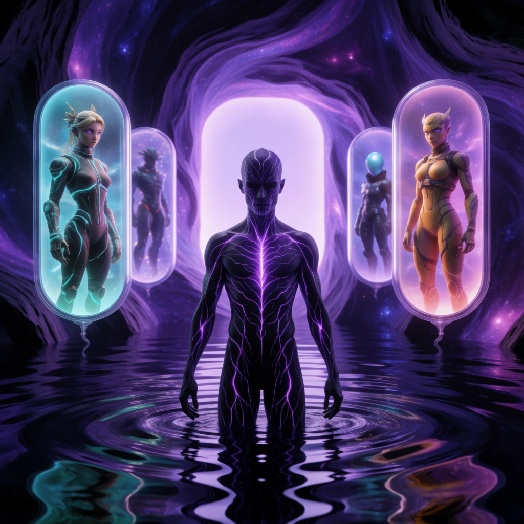 dark humanoid with purple energy veins standing in rippled water, pill-shaped display pods containing sci-fi avatars, glowing central portal, cosmic swirling walls, 3D digital art