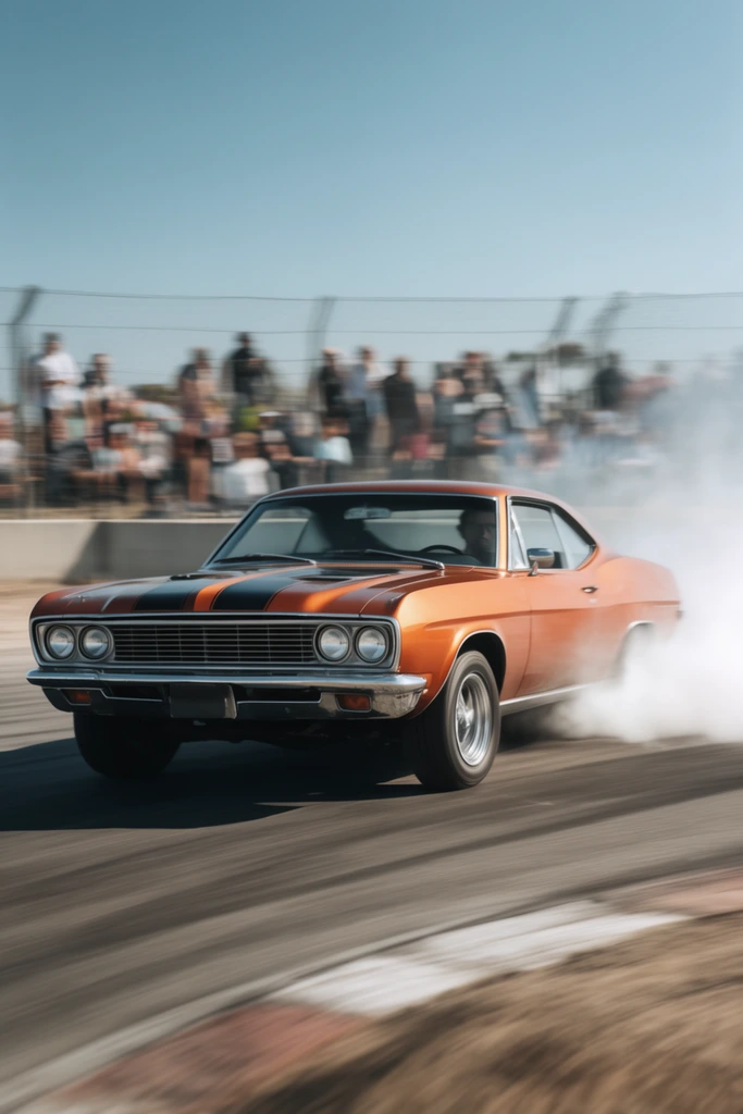 A vintage copper-orange muscle car drifts aggressively around a curved asphalt racetrack, billowing thick white smoke from its tires. The classic two-door coupe features a wide chrome grille, quad headlights, and dark hood stripes. Heavy motion blur streaks across the foreground pavement, capturing extreme speed. In the background, blurred spectators stand behind a concrete barrier and chain-link fence under a clear blue sky. The scene features bright daylight illumination, casting strong directional shadows in a dynamic action photography style.