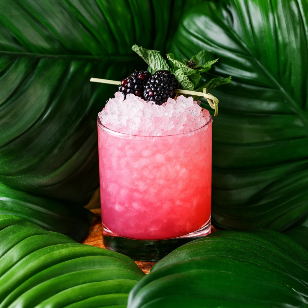 A vibrant pink cocktail overflowing with crushed ice is tightly framed by large, glossy tropical leaves. The short clear glass is packed with coarse pebbled ice, glowing with a gradient of deep rose to bright pink liquid. Resting atop the icy peak is a garnish of two plump blackberries and a sprig of fresh mint on a thin skewer. Massive emerald broadleaf plants with prominent ribbed veins envelope the drink, creating a dramatic natural border. The glass rests on a sliver of warm textured wood beneath the lush foliage. Close-up food photography with bright diffuse lighting emphasizes the frosty texture of the ice, contrasting sharply against the smooth waxy surfaces of the deep green vegetation.