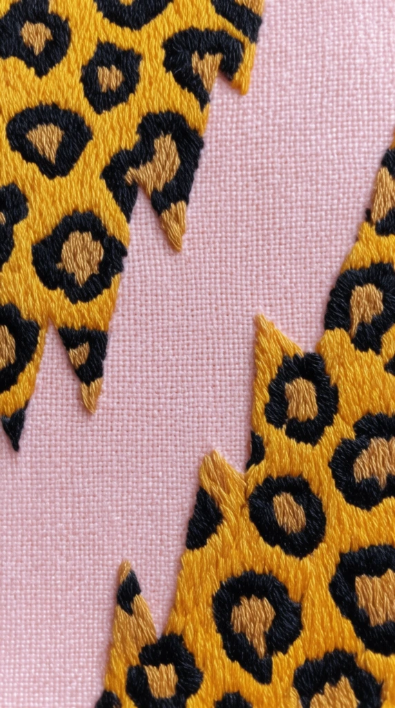 Abstract jagged embroidered shapes, leopard print pattern, golden yellow and black thread, light pink woven fabric background, raised satin stitch texture, sharp irregular angles, macro photography, flat lay, tactile textile art