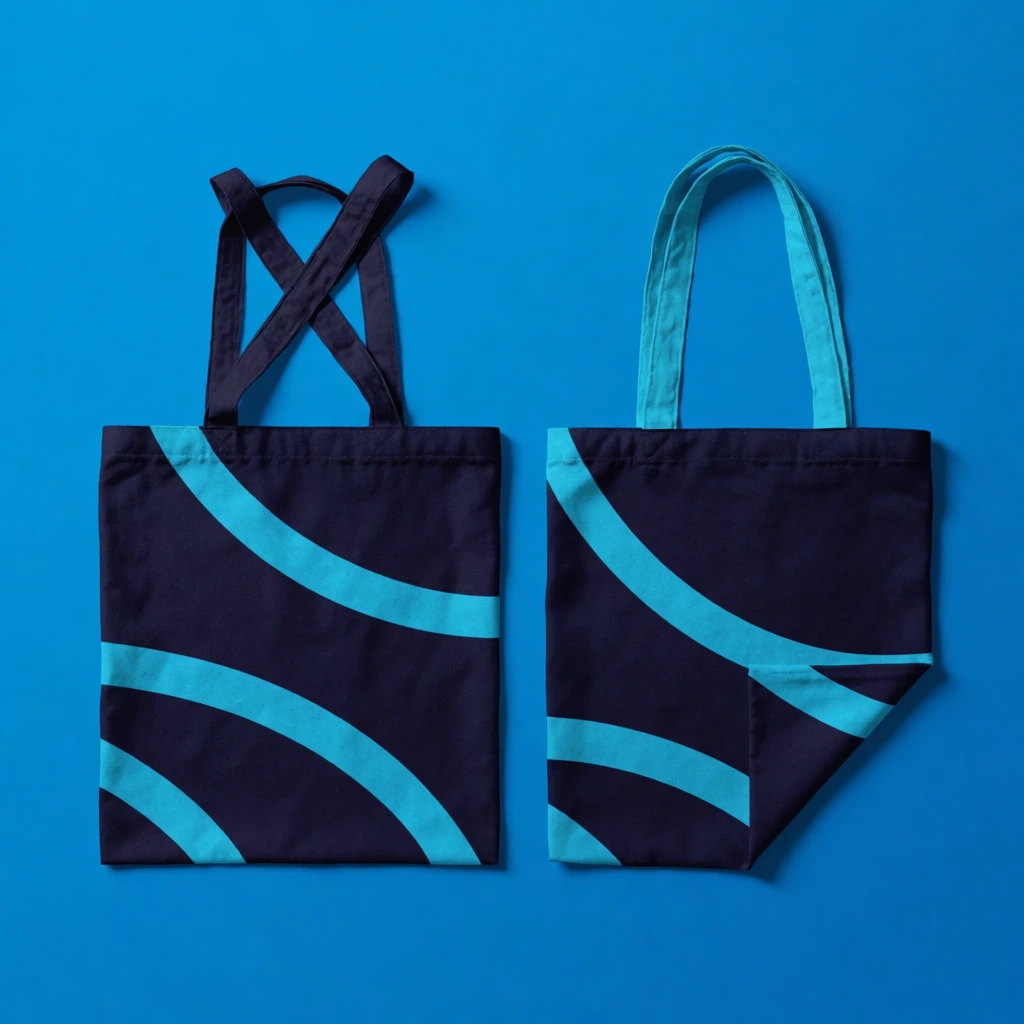 two fabric tote bags on a solid blue background, dark navy base with thick abstract cyan curved lines, left bag flat with crossed navy handles, right bag folded at bottom corner with upright cyan handles, canvas texture, soft studio lighting, flat-lay product mockup