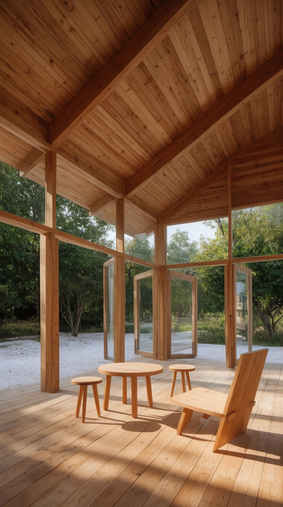A sunlit pavilion constructed entirely of light-toned wood planks. Minimalist timber furniture, including a small round table, three-legged stools, and a slanted-back chair, rests on the wooden floor. Large glass panels and open structural frames reveal a lush outdoor landscape with green trees and white gravel. Warm directional sunlight casts sharp geometric shadows across the warm wood interior. Wide-angle architectural photography.