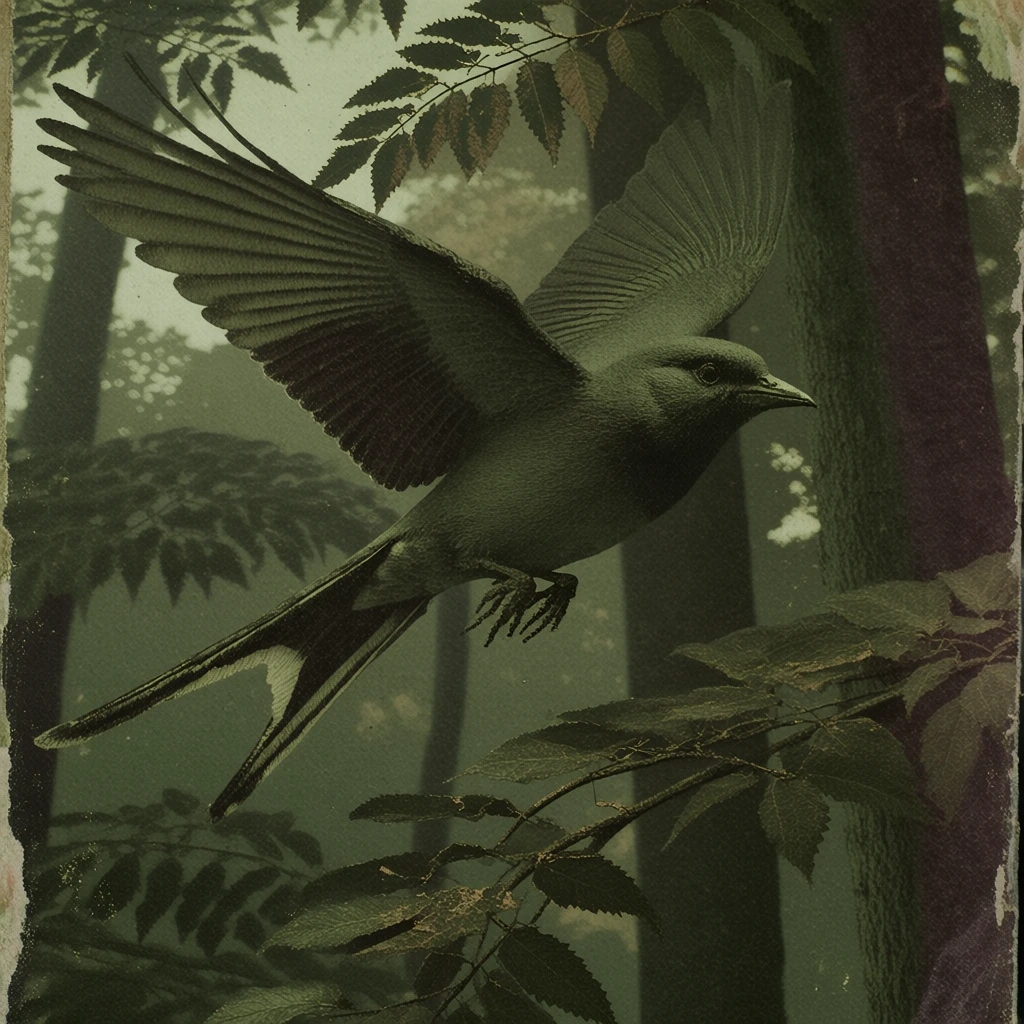 vintage dark academia aesthetic, muted forest green and deep olive color palette, heavy film grain, dusty organic texture, aged paper quality, bird with a long forked tail soaring through a dense forest canopy, soft dappled light filtering through layers of foliage, moody atmospheric lighting, low contrast, tactile and archival, antique naturalist illustration style, dark earthy tones, deep shadows, desaturated green hues, filmic grain, weathered details