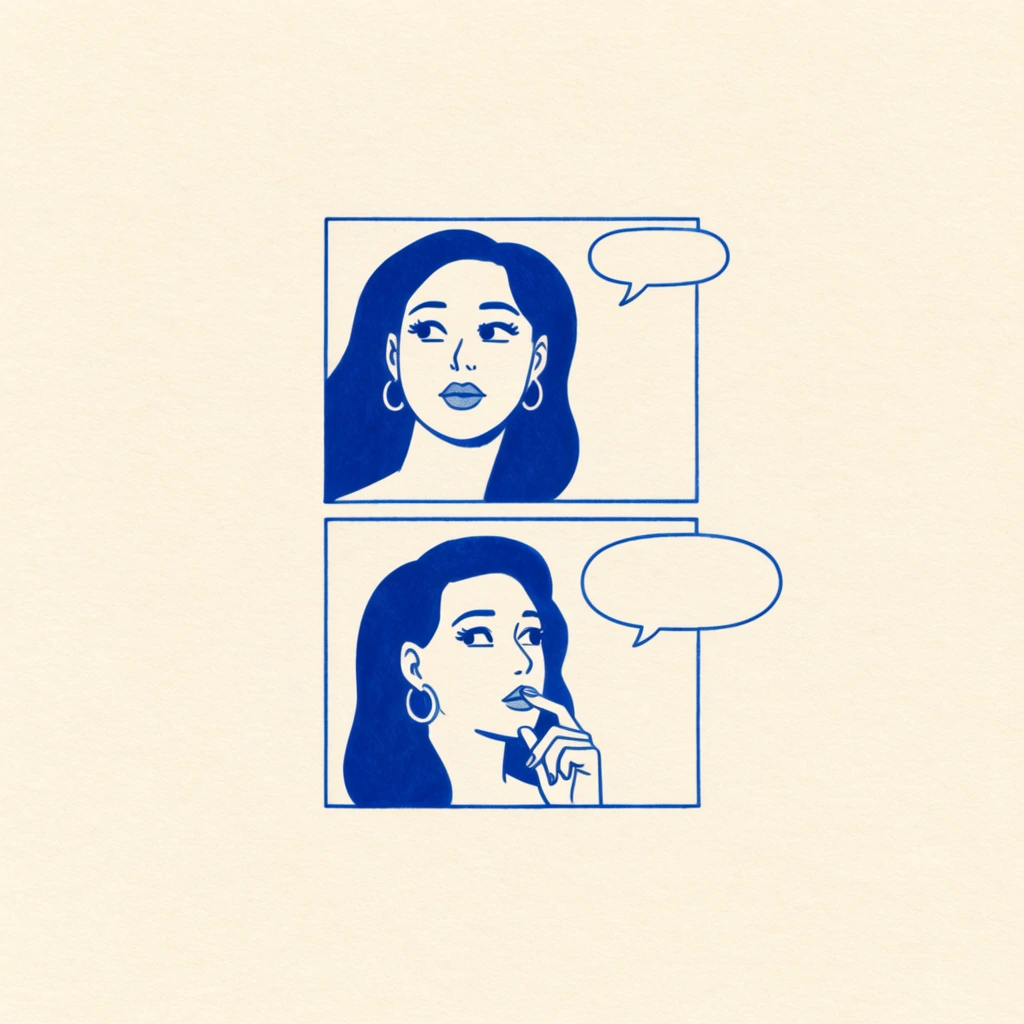 two stacked rectangular panels in monochromatic blue ink on textured cream paper, top panel shows a woman with dark hair and hoop earrings looking up, small empty speech bubble, bottom panel shows her contemplating with finger to lips, larger empty speech bubble on right edge, minimalist retro comic line art, expansive negative space