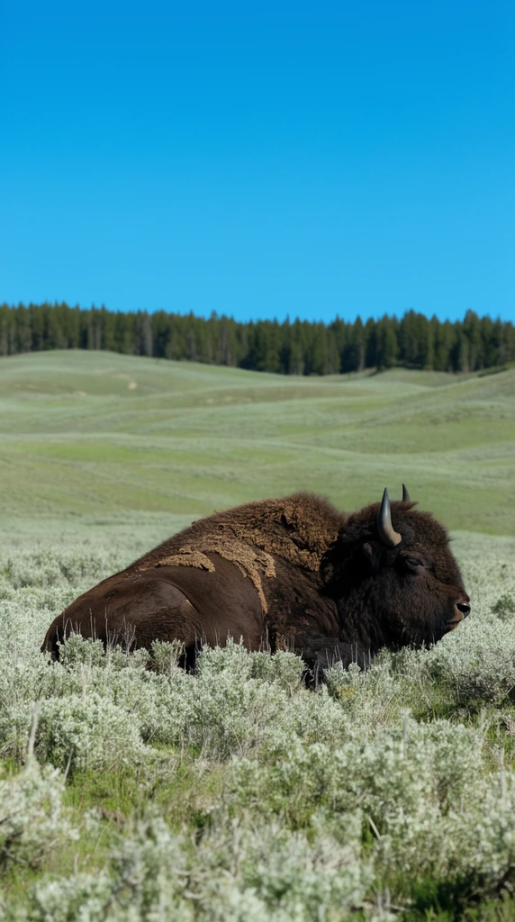 dark brown bison resting in pale green sagebrush, rolling grassy hills, distant coniferous forest line, clear vibrant blue sky, natural daylight photography
