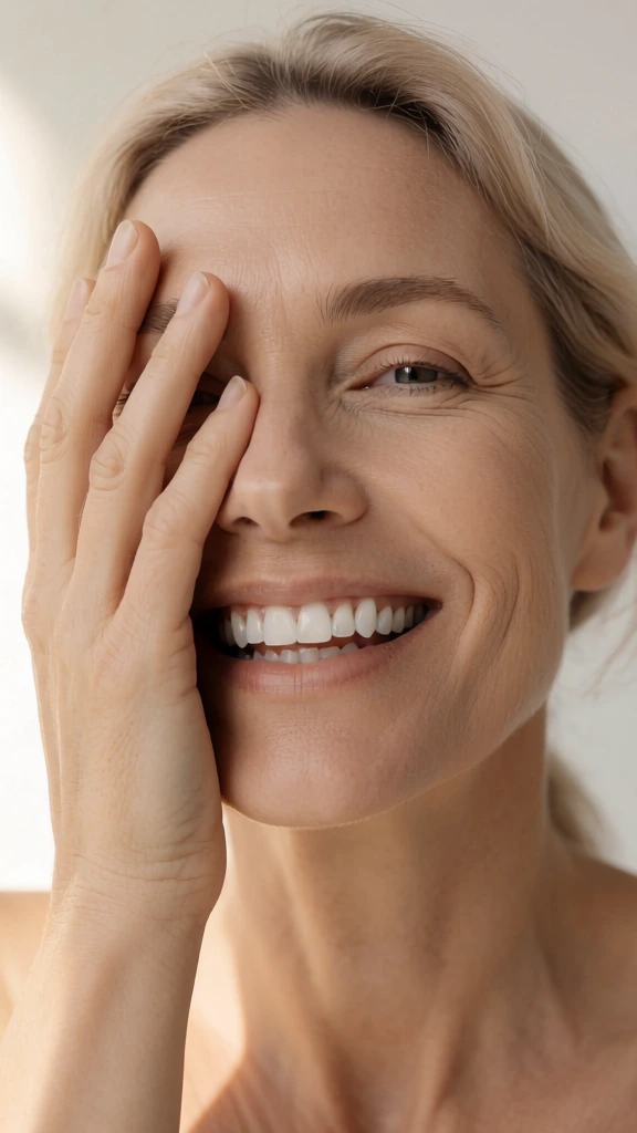 A beauty close-up portrait of a woman in her 30s, smiling naturally. Her hand is partially covering her eyes. Focus on natural teeth texture and skin pores. Soft diffused warm sun light from camera left, gentle bounce fill from right. Neutral-warm color grading, soft contrast, beige-peach skin undertone. Commercial beauty editorial, minimal clean background.