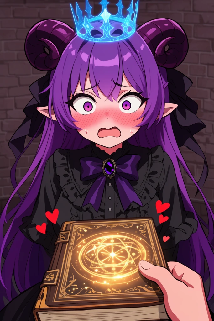 Anime-style illustration of a flustered demon girl with purple hair and curled horns wearing a gothic victorian dress. A blue holographic crown floats above her. She blushes profusely with wide, shocked eyes as a foreground hand presents a glowing magical grimoire. Small red hearts hover near the book against a brick wall backdrop.