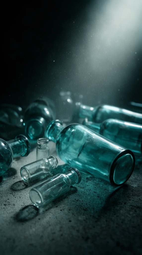 scattered translucent teal glass bottles lying horizontally on a dark textured concrete surface, empty small glass vials, thick bases and narrow necks, scattered dust particles, dramatic hazy spotlight shining from the upper right, deep shadowy background, cinematic chiaroscuro lighting, monochromatic cyan and black color palette, macro photography, shallow depth of field, sharp focus on foreground