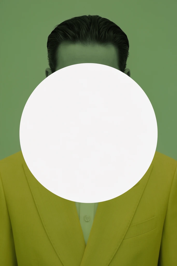 A stylized portrait of a man in a yellowish-green suit jacket against a solid, muted green background. A massive, stark white circle is perfectly centered, completely obscuring his face and chest. The symmetrical composition features a restricted monochromatic palette, contrasting the flat white geometric shape with the soft, even lighting on his visible shoulders and slicked-back dark hair.