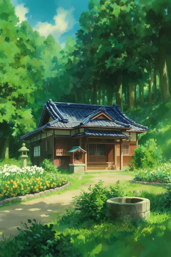 Nostalgic Ghibli Woodlands style reference image — lush forest canopy