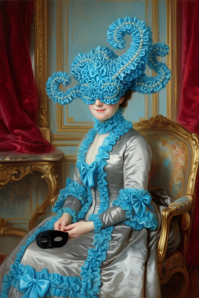 A classical oil portrait of a seated woman in an ornate gilded armchair wearing a shimmering silvery-grey silk gown lavishly ornamented with vibrant cyan-blue ruffled fabric. A massive, surreal mask constructed entirely of tightly gathered blue ruffles conceals her upper face, extending outward into elaborate undulating shapes adorned with tiny white pearls. Her hands rest gently in her lap, holding a simple black domino mask. Cascading ruffled blue trim and bows decorate her high collar, sleeves, and skirt, leaving only her pale lower face and faint smile visible. The opulent background features pale blue walls with gold paneling and rich crimson velvet curtains draped near a carved console table. Soft lighting emphasizes the lustrous silk folds and the striking silhouette of the elaborate headpiece.