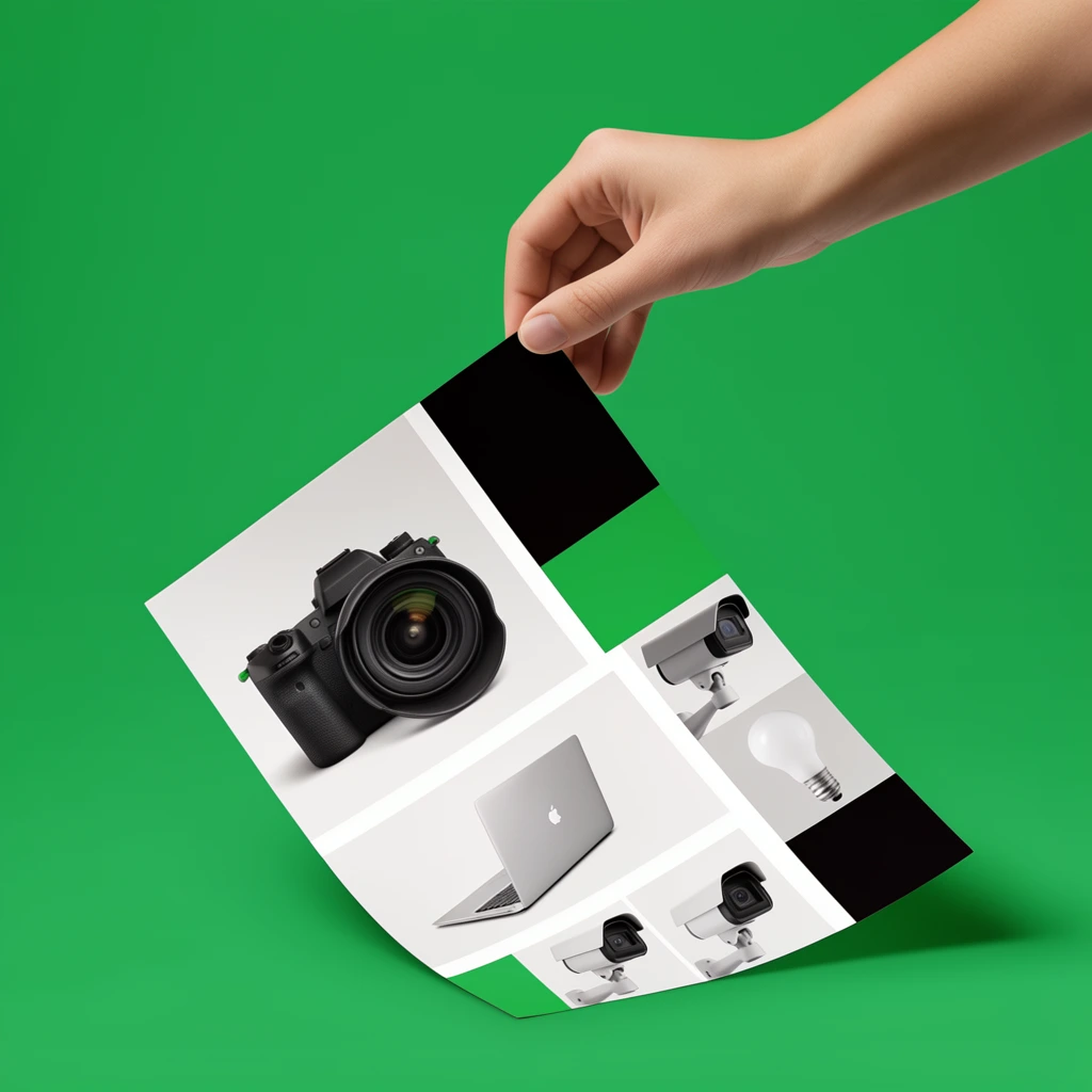 human hand extending from top right, gently pinching a printed rectangular paper, lifting it above a solid vibrant green background, soft drop shadow, paper displays a grid layout of product photographs, large image of a black camera, smaller pictures of a laptop, security cameras, and a light bulb, black and white geometric blocks, green accents, crisp studio lighting, realistic mockup photography