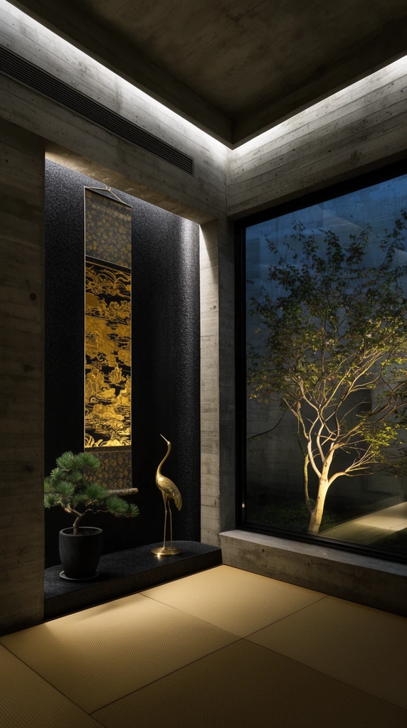 Modern interior, dark textured alcove, decorative gold hanging scroll, brass crane figurine, potted pine, tatami floor, exposed concrete walls, large window framing illuminated courtyard tree, dramatic architectural lighting