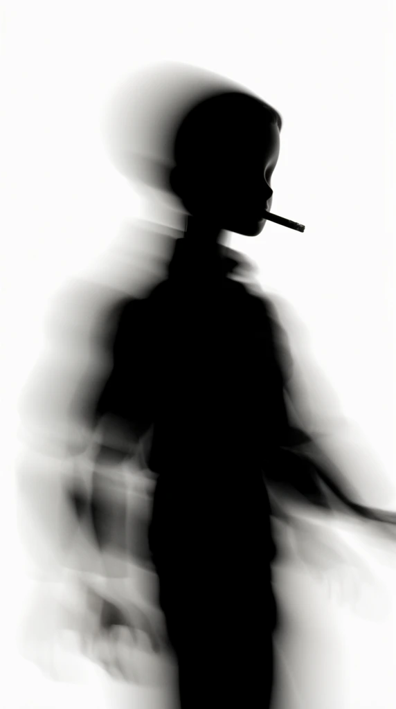 A stark, high-contrast black silhouette of a doll with a cigarette protruding from its mouth against a pure, solid white background. The figure is captured with severe motion blur and a ghostly multiple-exposure effect, rendering the doll as a dark, kinetic shape. A primary, slightly sharper impression of the doll establishes the defined profile of the face and the cigarette, while secondary, deeply blurred iterations of the body fan out into soft, smoky dark grey streaks. The trailing edges of the figure melt directly into the luminous white environment, resulting in a minimalist, ethereal composition dominated by extreme monochrome tonal shifts and sweeping, atmospheric optical distortions.