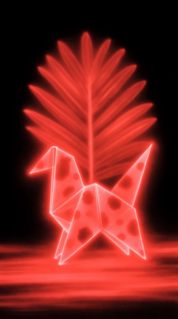 A luminous, monochromatic neon-red rendering of a single folded paper animal with spots positioned directly in front of a single large palm-like leaf, all set against a stark, solid black background. The scene employs a glowing, ethereal aesthetic resembling thermographic imaging or vibrant light painting, where the forms are constructed entirely from intensely saturated, radiating red light. The sharp, geometric creases of the folded paper animal are delineated by brilliant, glowing red outlines surrounded by a soft, hazy halation, while its distinct spots appear as dense, dark red shapes contrasting with the brighter luminous structure. Behind the animal, the expansive palm-like leaf is rendered with slightly softer, blurred luminescent red lines tracing its radiating fronds and central stem, establishing a subtle atmospheric depth of field. The base of the composition features horizontal, smeared streaks of glowing red light acting as a stylized ground plane that seamlessly fades into the surrounding black expanse.