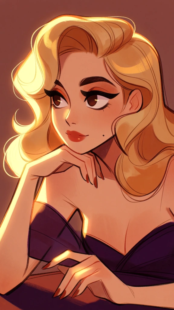A stylized digital illustration depicts a woman with voluminous golden blonde hair and large brown eyes resting her chin on her hand under warm, dramatic lighting. The central figure features wavy hair styled in a retro fashion, illuminated by a brilliant yellow light source from the left. Her large, expressive eyes are framed by thick dark lashes and winged eyeliner, looking away from the viewer toward the left. She has a small beauty mark on her left cheek and soft red lipstick on her mouth. Her right hand, featuring reddish-brown nails, is tucked under her chin, while her left hand is visible in the lower foreground with fingers reaching toward the center. She wears a dark purple strapless garment that contrasts with the warm tones of the piece. The background is a solid, muted reddish-brown color that emphasizes the figure. The artistic style combines clean line art with painterly shading, characterized by high-contrast rim lighting that creates bright golden highlights against deep purple and brown shadows. The perspective is a close-up portrait, focusing on her facial expression and elegant posture.