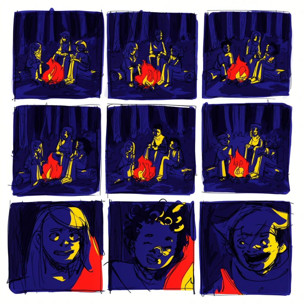 sequential comic art, three stylized characters around a red campfire in a dark forest, stark yellow highlights, deep indigo shadows, loose sketchy linework, expressive close-ups, high contrast duotone lighting