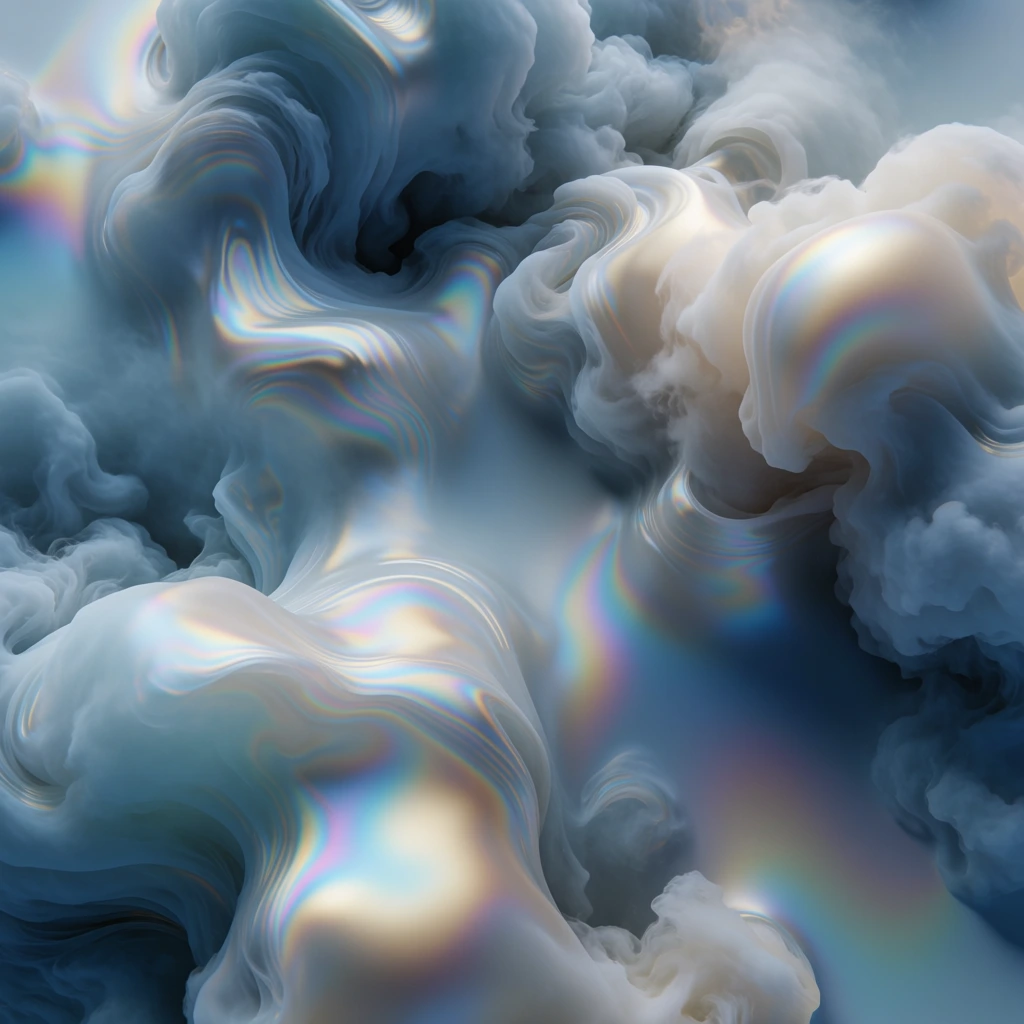 high-angle aerial perspective, ethereal swirling vortex composition, iridescent thin-film interference textures, soft diffused global illumination, muted cerulean and alabaster color palette, fractal cloud-like rendering, dreamlike atmospheric depth, monumental scale, towering armored mechanical entity with curved horns and a beast head on its right arm standing behind a man in a police uniform walking forward, all subjects rendered as if formed from compressed cumulus clouds and vapors