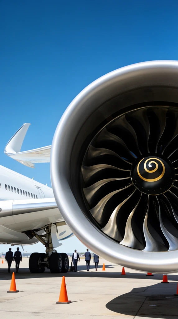 A colossal jet engine dominates the foreground in a low-angle close-up, its smooth silver cowling framing gracefully curved dark metallic fan blades radiating from a black central spinner marked with a crisp golden spiral. A sleek white wing with an upward-sweeping winglet stretches behind it toward a pristine blue sky. The aircraft rests on a sun-drenched concrete tarmac dotted with bright orange traffic cones. In the background, small figures in business attire walk near the massive landing gear, emphasizing the monumental scale of the aerospace engineering under brilliant, high-contrast daylight.