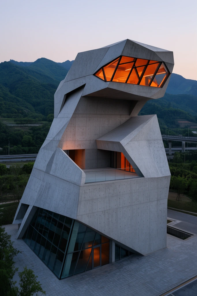 A futuristic deconstructivist concrete building with an asymmetrical, angular design stands against a mountainous backdrop at dusk. The monolithic gray structure features a protruding top level resembling a faceted cockpit, glowing with warm orange interior light through geometric windows. The facade incorporates sharp recesses, a slanted glass ground-level wall, and an open mid-level terrace. This elevated architectural photograph highlights the striking contrast between the brutalist forms, lush green hills, and a distant highway overpass under soft twilight lighting.