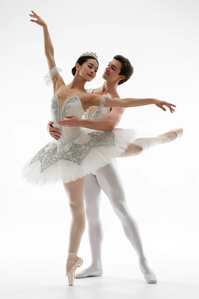 male ballet dancer lifting female partner, woman in white silver-embroidered tutu and tiara, man in white tights, graceful extended arms, pointe shoes, pure white studio background, bright high-key lighting