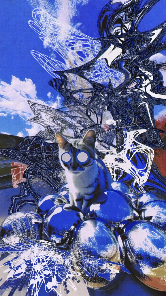 surreal digital collage, cat with large round luminescent eyes sitting amongst a cluster of glossy spheres, high-contrast glitch art aesthetic, dominant royal blue and brilliant white palette, liquid distortion effects, chaotic swirling skeletal line work, expressive abstract ribbon structures, fragmented textures, experimental layering, psychedelic datamosh style, wispy clouds in a vibrant blue sky background, messy but intentional hand-drawn overlays, dreamlike and distorted composition