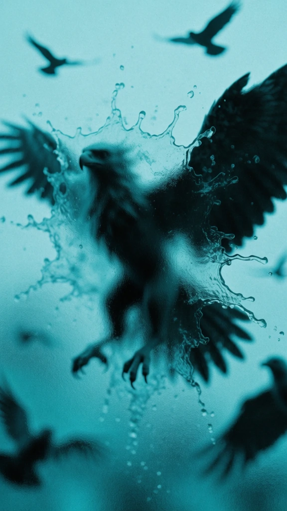 cyan-toned monochromatic high-grain analog photography, obscured through a thick textured frosted glass pane, central silhouetted form of a colossal avian creature with expansive wings soaring amidst dynamic splashes of suspended water droplets, smaller bird silhouettes scattered across the luminous aqua background, heavy gaussian blur, soft-focus edges, visceral motion blur, dreamlike ethereal atmosphere, deep teal shadows contrasting against a glowing teal sky.