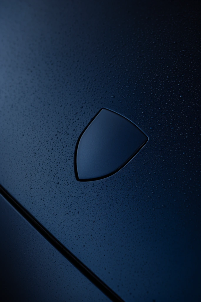 A macro shot of a dark matte blue vehicle panel covered in fine water droplets. A raised, stealth-finished shield emblem sits centrally. A diagonal seam cuts across the lower left under moody lighting.