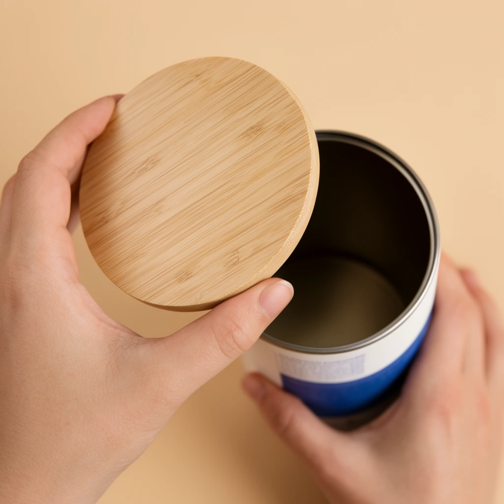 Two hands open a cylindrical canister against a solid beige background. The left hand lifts a circular, light bamboo-grained lid, exposing the canister's dark interior. The right hand supports the base, which is partially covered by a white and blue label. Soft, diffuse lighting creates a warm, minimalist product photography aesthetic. The top-down oblique camera angle emphasizes the textured wood and skin tones, keeping the hands and lid in sharp focus against the uniform, smooth backdrop.