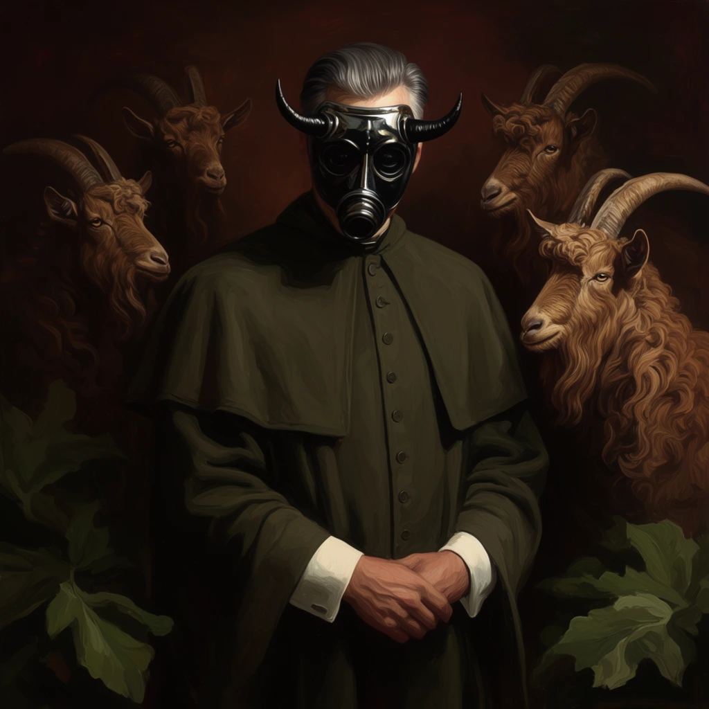 A mysterious man in a dark olive-green robe and a horned black metallic mask stands centered among four brown goats in a dimly lit, surreal portrait. The figure wears a heavy cloak with a capelet and stark white cuffs, his hands clasped formally. His glossy black mask resembles a vintage respirator with two curved horns protruding from the temples, contrasting with his slicked-back grey hair. Surrounding him are goats with thick, swirling fur and ribbed horns looming out of the shadows. Large green leaves frame the bottom corners against a murky mahogany background. Dramatic chiaroscuro lighting from the right highlights thick, oil-like brushstrokes and a moody, occult aesthetic.