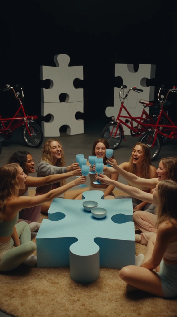 Eight young women in casual sportswear sit on a tan rug in a dark studio, enthusiastically toasting with light blue goblets. They encircle a low, light blue table shaped like a giant jigsaw puzzle piece holding two small bowls. Behind the group, oversized white vertical puzzle pieces and red pedal quadricycles stand against a pitch-black background. The cinematic shot features film grain, shallow depth of field, and warm directional lighting focusing on the joyful interaction.