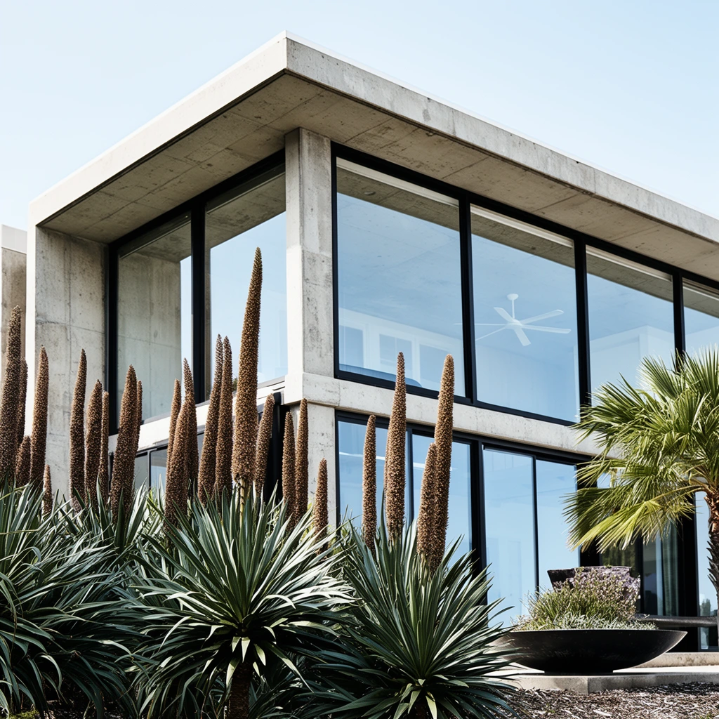 A modernist concrete and glass building rises behind a foreground of sculptural landscaping under a clear pale blue sky. Photographed from a low angle in bright daylight, the architectural corner features flat roof overhangs, raw concrete pillars, and expansive windows framed in crisp black metal. The large glass panes brightly reflect the sky and reveal a white ceiling fan inside. Striking spiky green plants and tall, textured brown flower stalks dominate the foreground, contrasting sharply with the rigid geometric lines of the structure. A palm tree and a dark shallow planter bowl sit to the right.