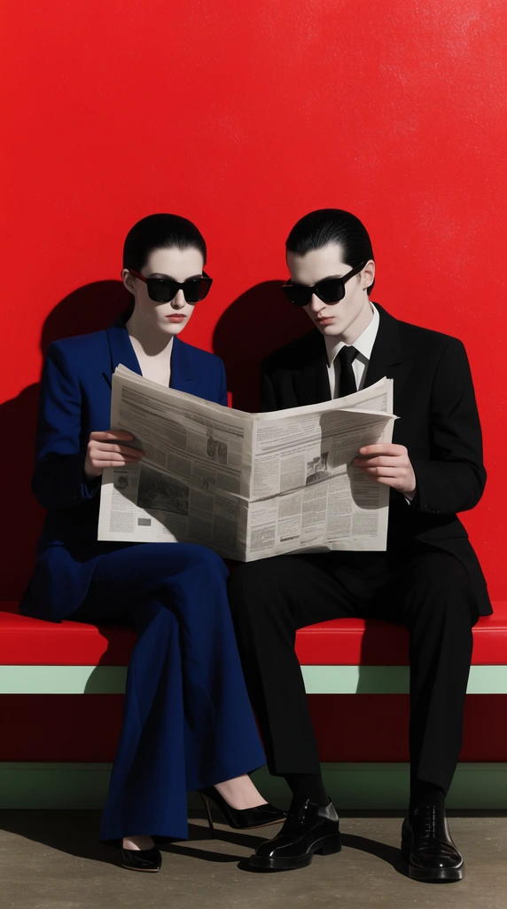 A woman in a dark blue suit and a man in a black suit sit on a red bench with a pale green trim against a vivid red wall, jointly reading a broadsheet newspaper. Both feature dark sunglasses, pale skin, and slicked-back black hair. Harsh directional lighting casts sharp black shadows behind them, creating a symmetrical, high-contrast fashion editorial scene defined by intense color blocking.